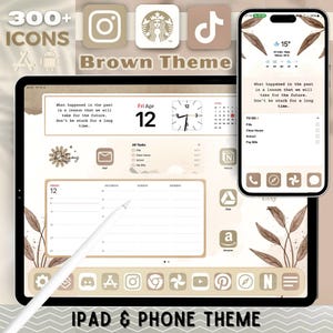 Puede incluir: Un tema digital marrón para iPad y teléfono, con más de 300 iconos. El tema incluye widgets con calendario, lista de tareas y citas inspiradoras. El diseño incorpora elementos florales y una paleta de colores neutros.