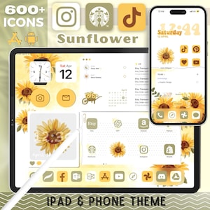 Sunflower iPad and iPhone Theme with Icons | iOS Theme | Customizable Theme | Aesthetic Wallpapers Widgets Icons | Flowers Background
