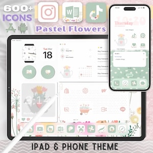 Pastel Flowers iOS & Android Theme Pack / Android Tablet / Customizable Theme / Aesthetic Wallpapers Widgets Icons / Flower Background Theme