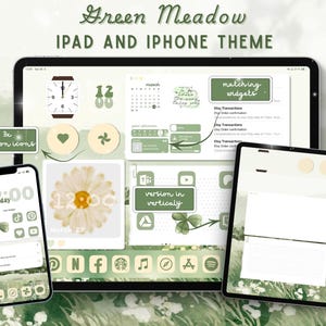 Op de afbeelding: Een iPad- en iPhone-thema met een 'Green Meadow'-esthetiek. De afbeelding toont een tablet en een telefoon, beide met een gecoördineerde interface met bijpassende widgets, pictogrammen en een madeliefjesafbeelding. De tekst luidt "Green Meadow" en "IPAD AND IPHONE THEME".