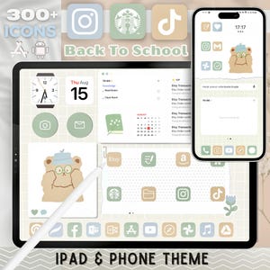 May include: A digital illustration of an iPad and iPhone screen with a green, brown, and white color scheme. The screens are filled with icons for popular apps, including Instagram, TikTok, Etsy, and more. The text "Back To School" is displayed in a brown font on a light green background. The text "IPAD & PHONE THEME" is displayed at the bottom of the image.