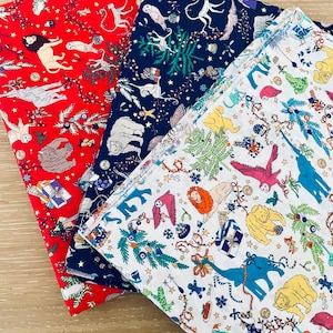 Tessuto natalizio "regalo" - Rosso, blu o bianco / Misure pretagliate o in bundle / Cotone da prato festivo