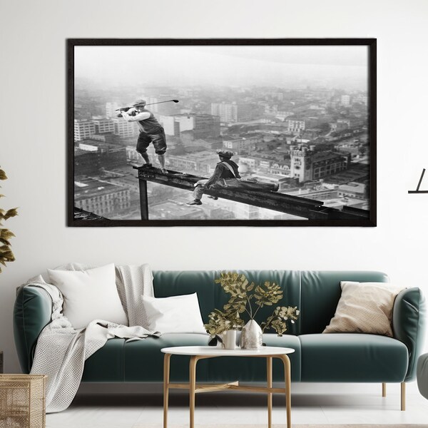 Ingelijste golf op wolkenkrabber canvas, zwart-wit golfkunst, kunst aan de muur golf, grappige kunst aan de muur, vintage oude golffoto, vintage kunst aan de muur