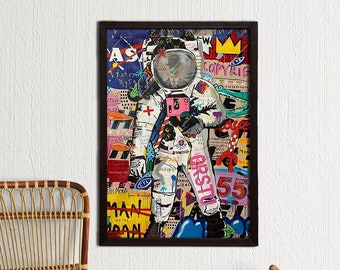 Framed Astronaut Banksy Wall Art Canvas Print, Banksy Style Artwork, Banksy Graffiti Street Art, Pop Art, Astronaut Wall Art, Ready To Hang