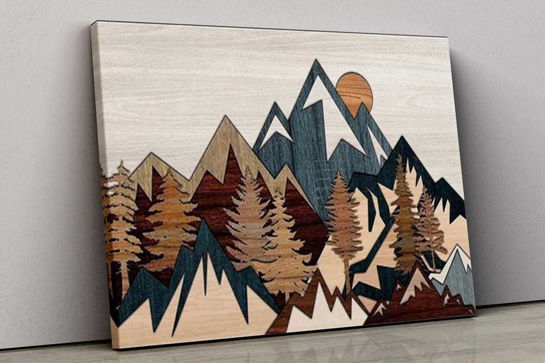 Mountain Top Range Canvas, Wood Panel Effect Wall Art Print, Modern Art