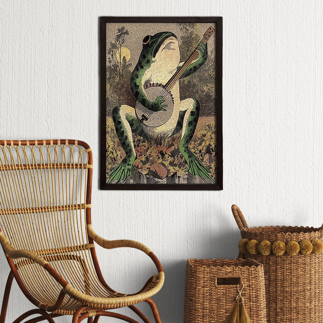 Framed Frog Playing Banjo Canvas, the Moonlight, Vintage Poster, Vintage Print, Colorful Wall