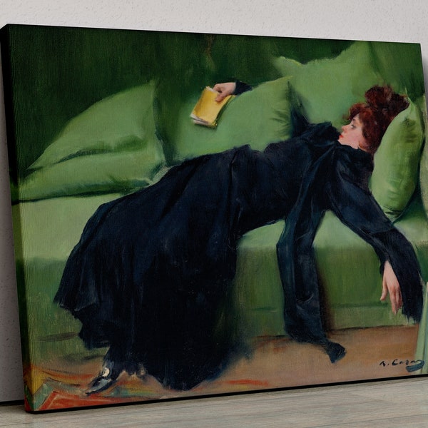 Nach dem Tanz Leinwand, Dekadente junge Frau Druck, von Ramon Casas, Dame auf Couch liegend Gemälde, moderne Kunst Druck, Hauswanddekor