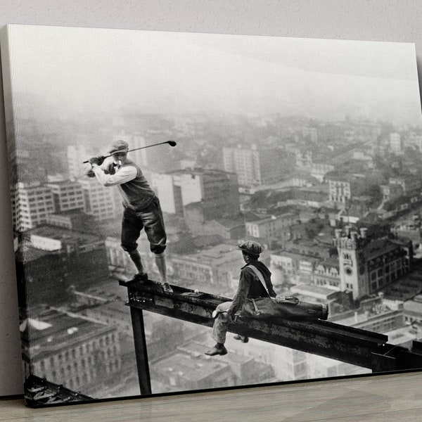 Golf on Skyscraper Canvas, Black and White Golf Art, Golf Wall Art, Funny Wall Art, Vintage Old Golf Photo, Vintage Wall Art