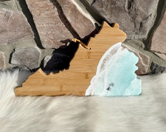 Virginia Shaped Bamboo Charcuterie Board: Bali Blue Resin Ocean Art