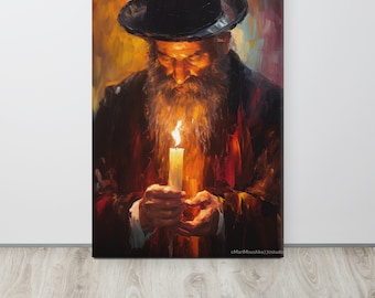 Jewish Holidays Art | Unique Jewish Canvas Art - Rabbi with Candle | Modern Jewish Folk Painting | Meaningful Hassidic Art | jewish blessing