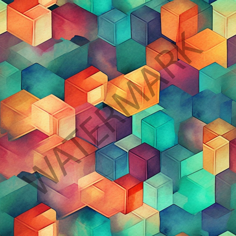May include: Abstract geometric pattern featuring colourful cubes in shades of orange, teal, purple, and beige. The cubes are arranged in a repeating pattern, creating a dynamic and modern design.