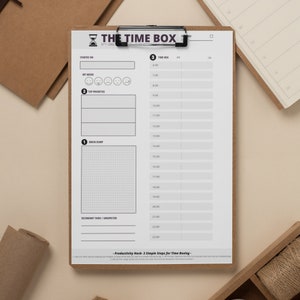Könnte beinhalten: Ein weißes Clipboard mit schwarzem Rahmen und schwarzem Clip. Das Clipboard enthält eine Zeitmanagement-Tabelle mit dem Titel "The Time Box" mit Abschnitten für "Started On", "My Mood", "Top Priorities", "Brain Dump" und "Secondary Tasks/Unexpected". Die Tabelle enthält eine Zeitbox von 6:00 Uhr bis 23:00 Uhr.