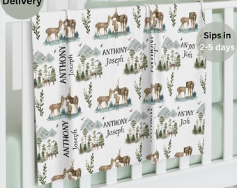 Personalized Woodland Forest Blanket with Deer, Birds, Mountains, Cozy Gift for Baby Boy, Baby name blanket for Christmas & New Year Gift