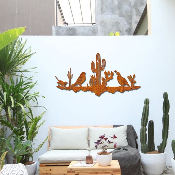 Iron Quail Family In Desert Flat, Rusty Cactus Outdoor Wall Decor, Rusted Southwest Sonoran Desert Metal Wall Art, Unique Garden Gift