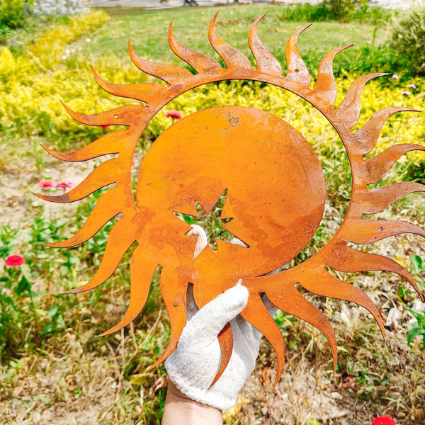 Arte de pared de sol y luna de metal - Decoración de jardín de sol oxidado - Arte de patio - Arte de pared de metal solar - Arte de pared exterior/interior - Regalos únicos de inauguración de la casa