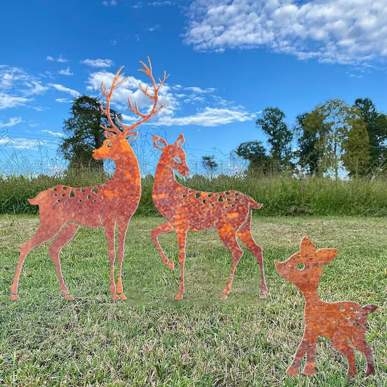 Metal Deer Garden Stakes, Rusty Metal Doe and Fawn Deer, Deer Garden