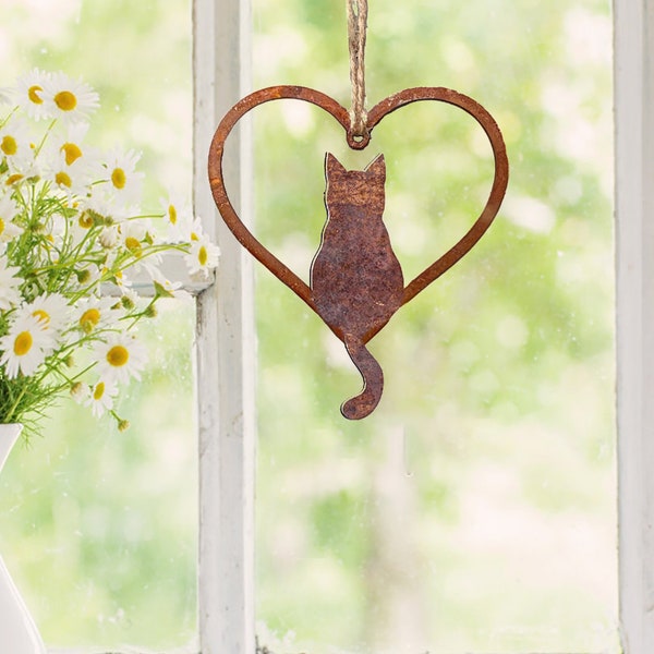 Rustic Cat Silhouette Heart, Cat Heart Sign, Rust Art Metal Cat Loss Memorial, Outdoor Cat Heart Hanging Memorial, Cat Lovers Gift