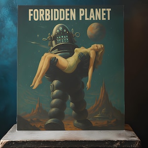 Filmposter, Forbidden Planet Inspiriert, Leinwanddruck Fiktives Retro Weltraum Kunstwerk, 18x24 Matte Wandkunst, Vintage Roboter Dekor