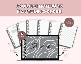 Puede incluir: Un diseño de cuaderno digital con seis asignaturas y cinco colores otoñales. La imagen muestra un portátil con un diseño de cuaderno y varios cuadernos con espiral. El texto de la imagen dice "Digitaliza tus notas" y "¡Puede añadir más páginas!"