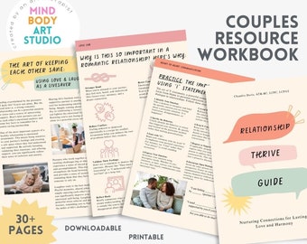 Puede incluir: Un libro de trabajo rosa y verde titulado "Couples Resource Workbook" con el subtítulo "Relationship Thrive Guide: Nurturing Connections for Lasting Love and Harmony". La portada del libro de trabajo presenta una burbuja de diálogo con la palabra "Relationship" y una burbuja de diálogo más pequeña con la palabra "Thrive".