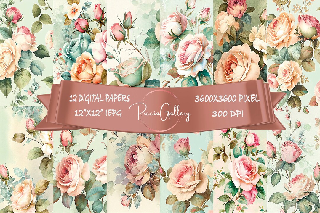 Instant Download Roses Watercolor Digital Paper Pack, Floral Background ...