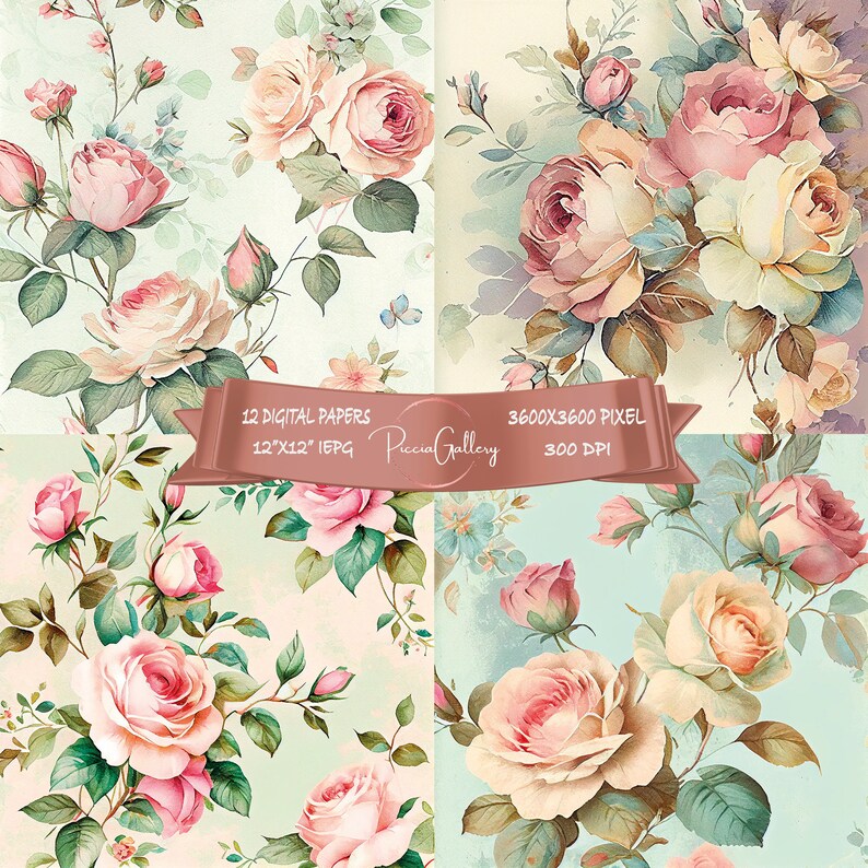 Instant Download Roses Watercolor Digital Paper Pack Floral - Etsy