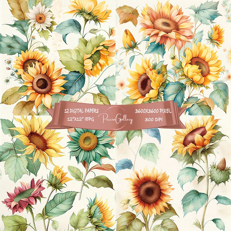 Instant Download Sunflowers Watercolor Digital Paper Pack, Floral ...