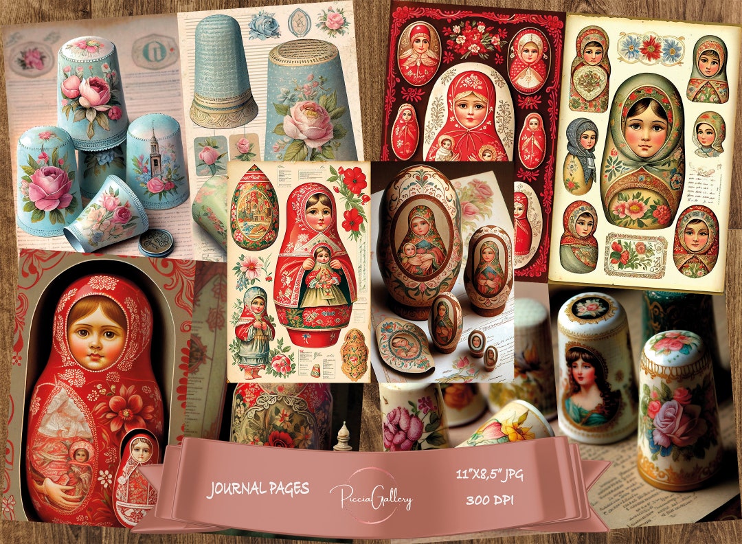Junk Journal Kit, Instant Download Vintage, Matryoshka & Thimbles