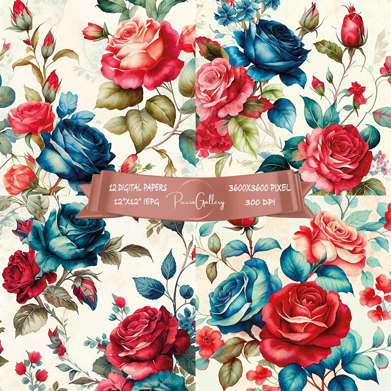 Instant Download Roses Watercolor Digital Paper Pack Floral - Etsy
