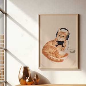 Gamer Cat Print | Cat Art for Gamer Room Decor | Ginger Cat Print | Gamer Gifts for Him | Fun Gamer Print | Cat Poster