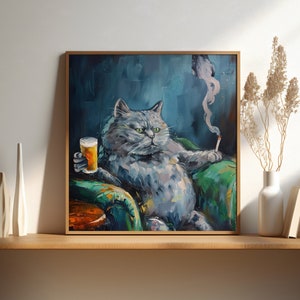 May include: A painting of a gray cat sitting in a green armchair, holding a glass of beer and smoking a cigarette. The cat has a serious expression on its face. The background is a dark blue with a swirl of smoke.