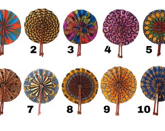 Folding fan in colorful wax fabric covered with ultra-resistant leather