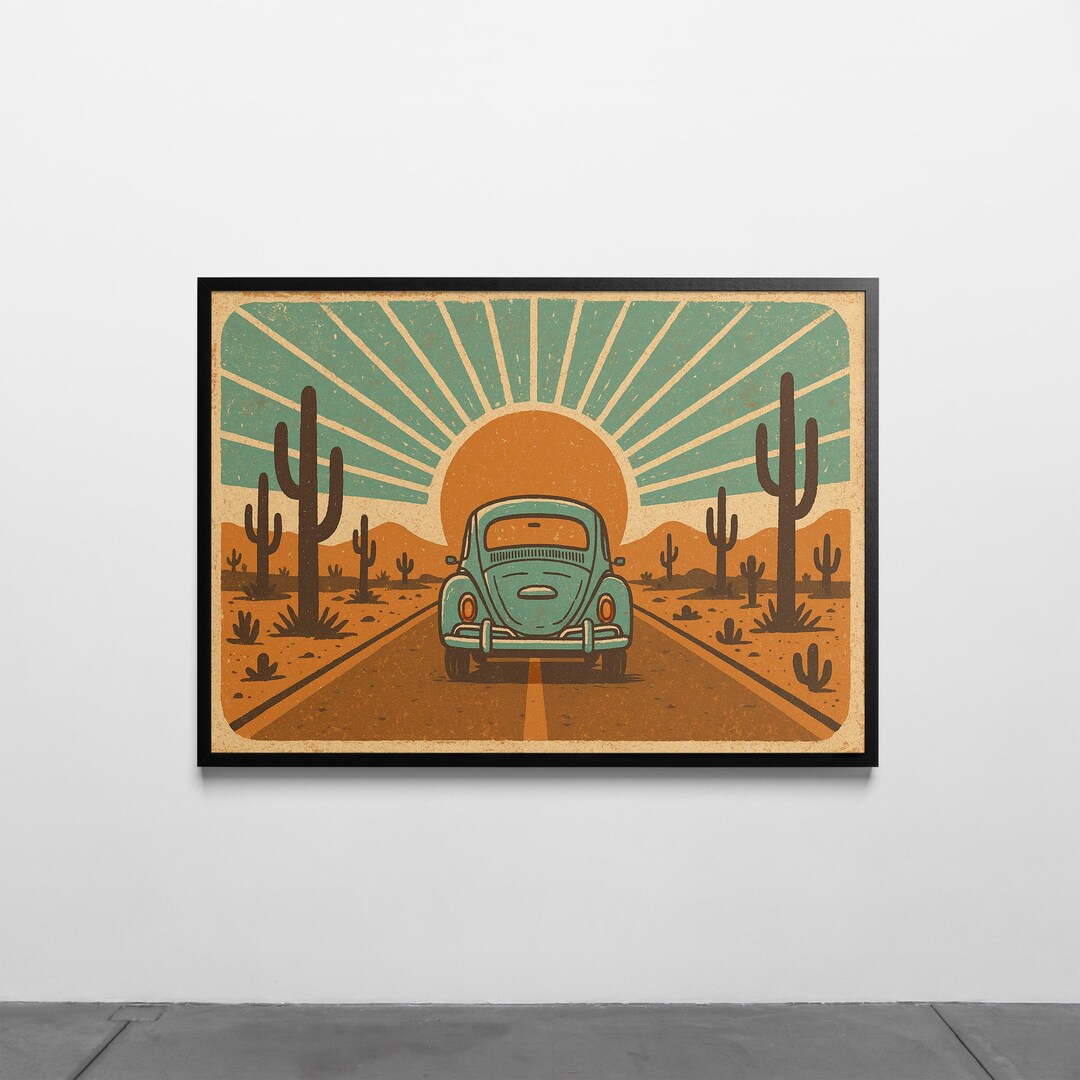 Southwest Desert VW Beetle Art Print: Retro Road Trip Sunset - Etsy