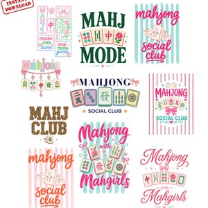 Pode incluir: Uma coleção de designs gráficos digitais com peças de Mahjong, motivos florais e laços com texto incluindo Mahj Mode, Mahjong Social Club e Mahjong with Mahgirls. Os designs usam paletas de cores rosa, verde e castanho.