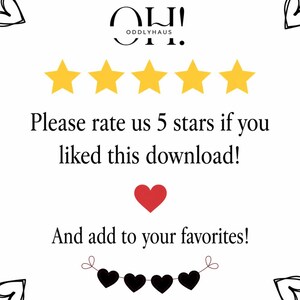May include: White background with the text "Please rate us 5 stars if you liked this download!" and "And add to your favorites!" along with five gold stars, a red heart, and a black heart garland. The logo "ODDLYHAUS" is at the top.