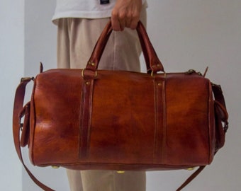Handmade unisex leather travel bag, brown genuine leather, shoulder bag, sports bag, luggage bag,