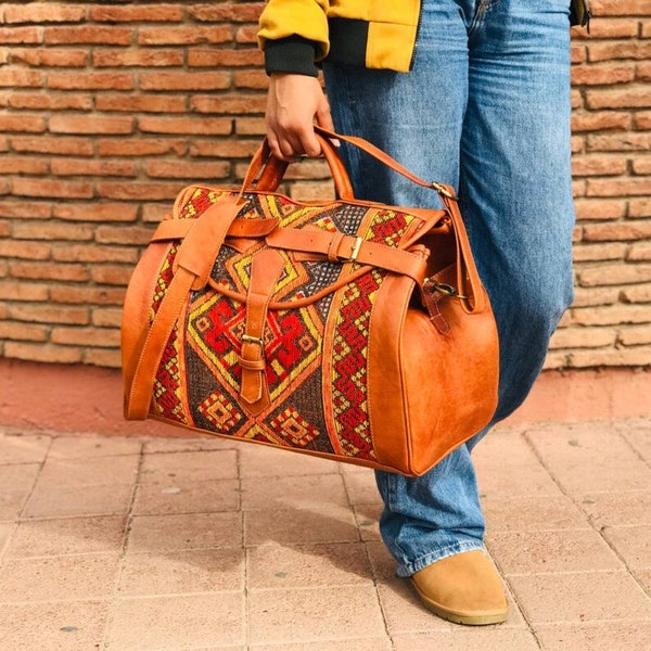 Leather travel bag, handcraft leather Weekend Bag, Carpet leather Weekend duffel bag handmade kilim travel leather bag, handmade gift.