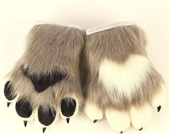 White Heart Grey Fursuit Paw Glove Squeaky Fluffy Paws Gloves Furry Paws Gloves Black Pad Furry Gloves Unique Gift Gloves For Fursuit Fan