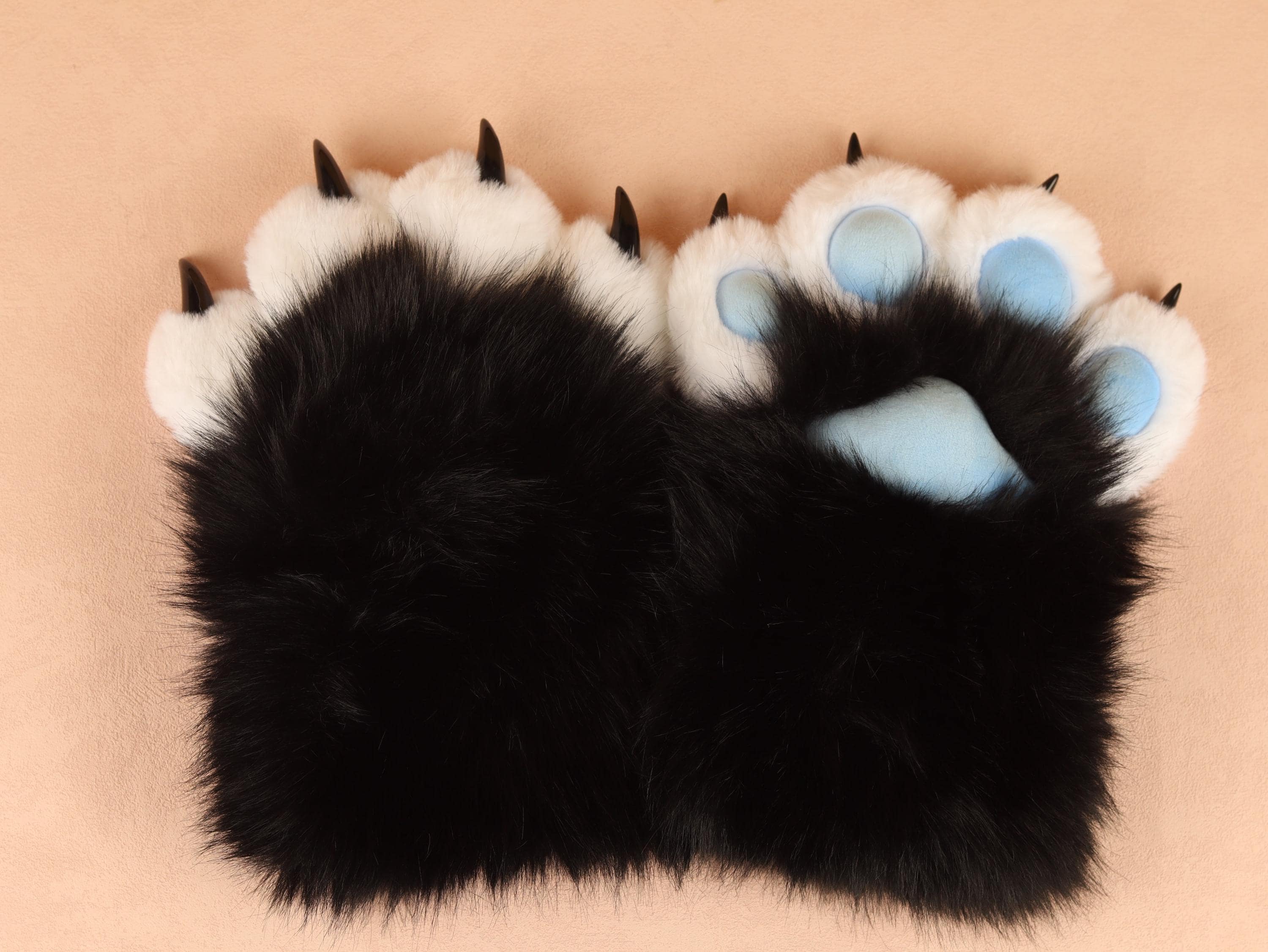 Squeaky Fursuit Paws Gloves Cute Black/Blue Fluffy Paw Gloves Furry Paw Glove With Fingernails For Fursuit Accessories Furry Gift For Friend