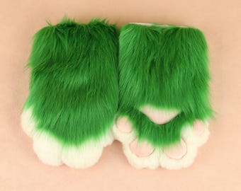 Guantes de garra con forma de pata de traje de piel con chirrido, bonitos guantes verdes y morados con garras, guantes peludos con uñas para traje de piel corto, accesorio, regalo peludo.