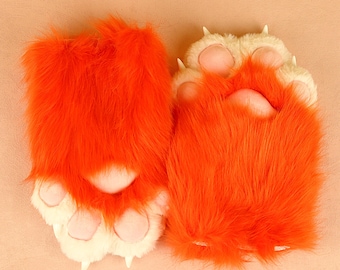 Guantes de garra con forma de pata de peluche, color naranja y blanco, con uñas, para disfraz corto, accesorio, regalo peludo.