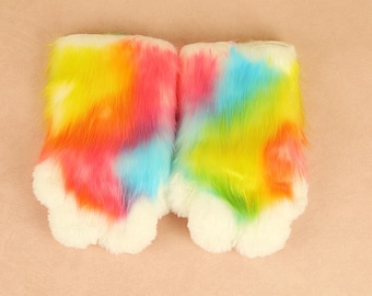 Guante de garra esponjoso con diseño de pata de peluche de arcoíris colorido, guante de pata suave y peludo con uña chirriante para accesorio peludo corto, regalo peludo