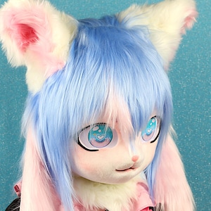 Kigurumi Mask Blue Hair Bunny Fursuit Mask Kawaii Furry Head Character Cosplay Furry Mask Cute Anime Mask Fluffy Fursuit Halloween Mask Gift