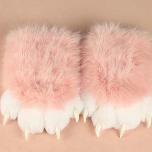 Guante de patas de traje de piel con sonido chirriante, lindos guantes de patas esponjosos de color rosa y blanco, guantes de patas peludas con uñas para accesorios de traje de piel, regalo peludo para peludos.
