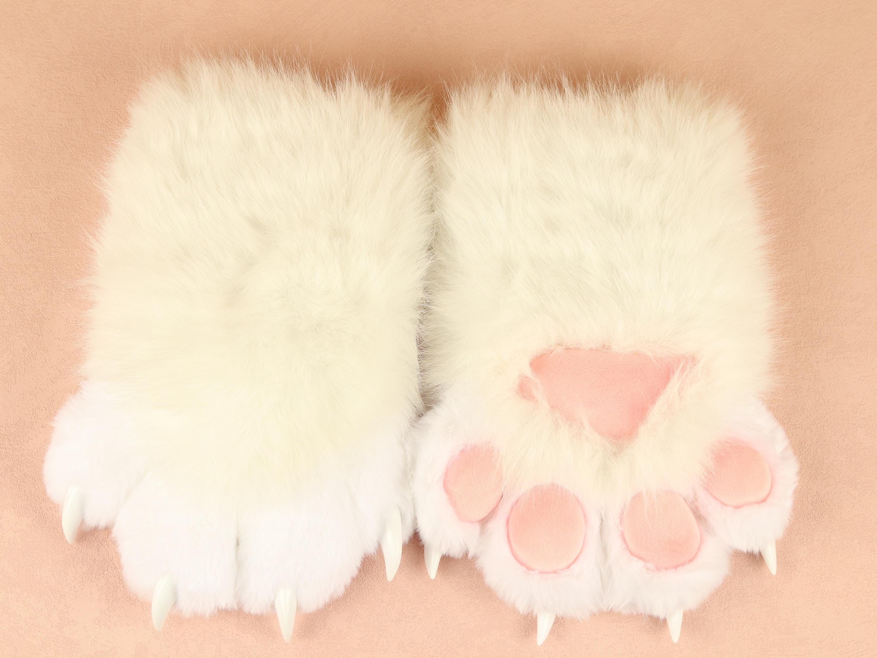 Squeaky Fursuit Paws Glove Cute Pink/White Fluffy Paw Gloves Furry Paws Gloves With Fingernails For Fursuit Accessories Furry Gift For Furry