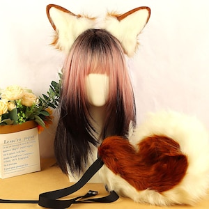 Cosplay Furry Ears&Tails Dog Puppy Animal Ears Brown/White Ears Tails Realistic Faux Fur Ears Tails Set Costume Ears Halloween Ears Cosplay