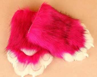 Guante de garra con forma de pata de peluche, con diseño de chirrido, color rosa, blanco y esponjoso, con uñas para traje de peluche corto, accesorio, regalo peludo.