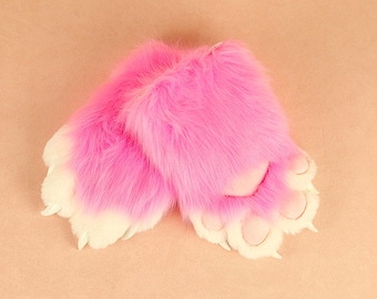 Guante de garra rosa intenso con diseño de patas de fursuit, suave y esponjoso, con uñas que chirrían, accesorio para fursuit corto, regalo peludo.
