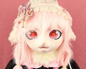 Cute Pink Cat Fursuit Mask Kawaii Animal Fursuit Head Kigurumi Anime Mask Character Cosplay Furry Mask Cute Anime Mask Fluffy Cheap Fursuit