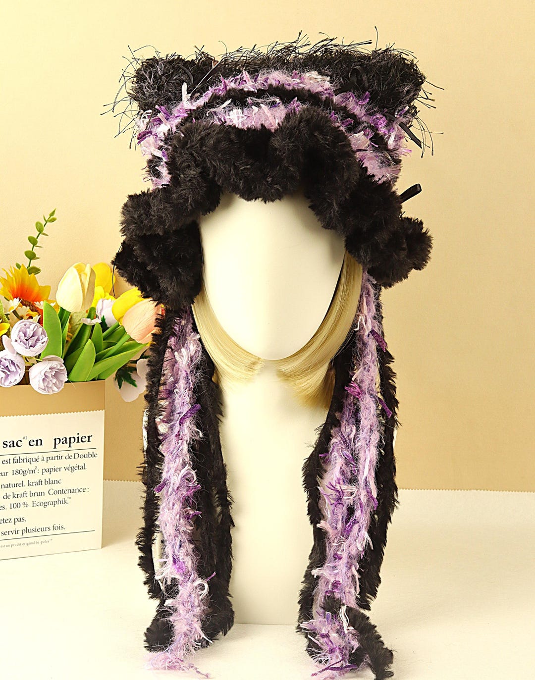 Crochet Kitten Cat Jellyfish Hat Red Purple Whimsy Beanie Winter Warm ...